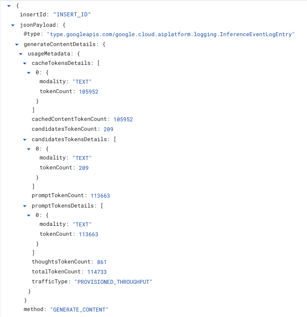 An inference_request entry in Logs Explorer, expanded to jsonPayload