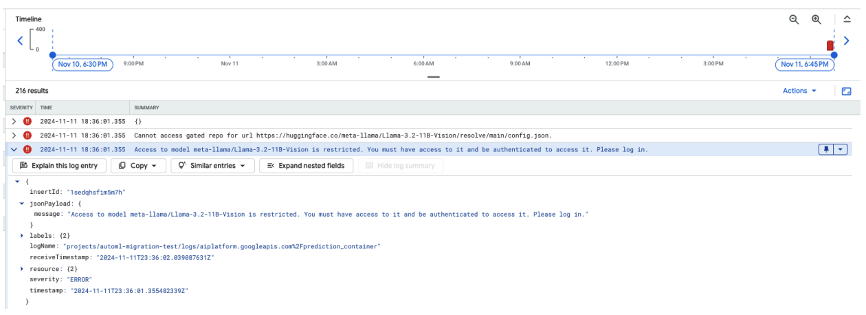 Mensaje de error que indica que se necesita un token de Hugging Face para acceder al modelo