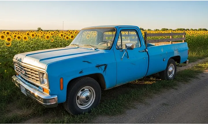 An old, somewhat beat-up blue pickup truck in front of a field of sunflowers