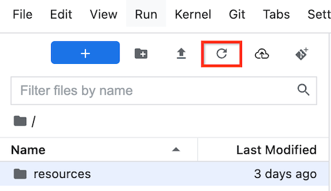 דפדפן הקבצים של JupyterLab ב-Gemini Enterprise Agent Platform Workbench, עם לחצן רשימת הקבצים לרענון שמודגש.