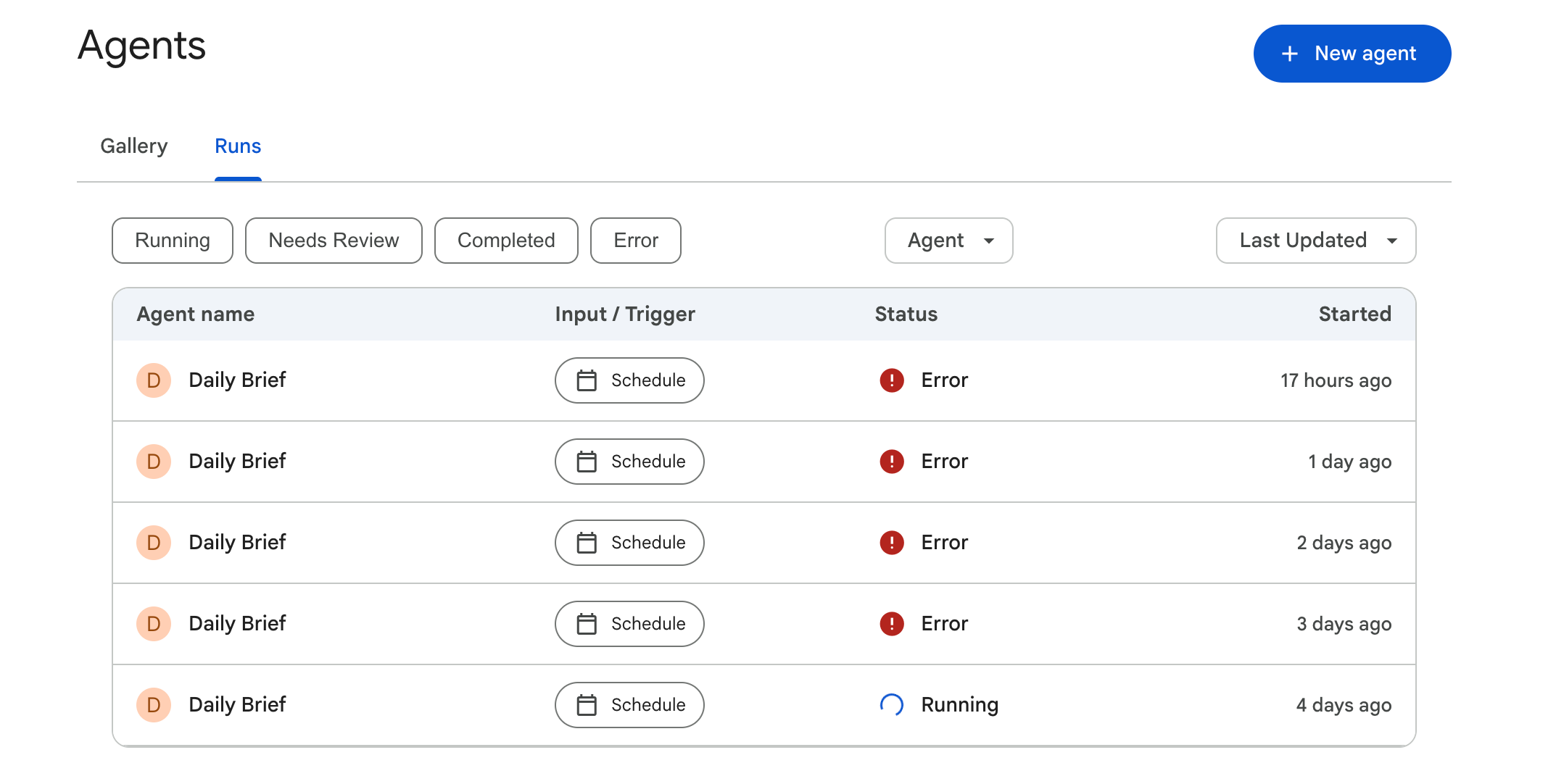 רשימה של כל ההפעלות של סוכן תהליך העבודה בכרטיסייה 'הפעלות'