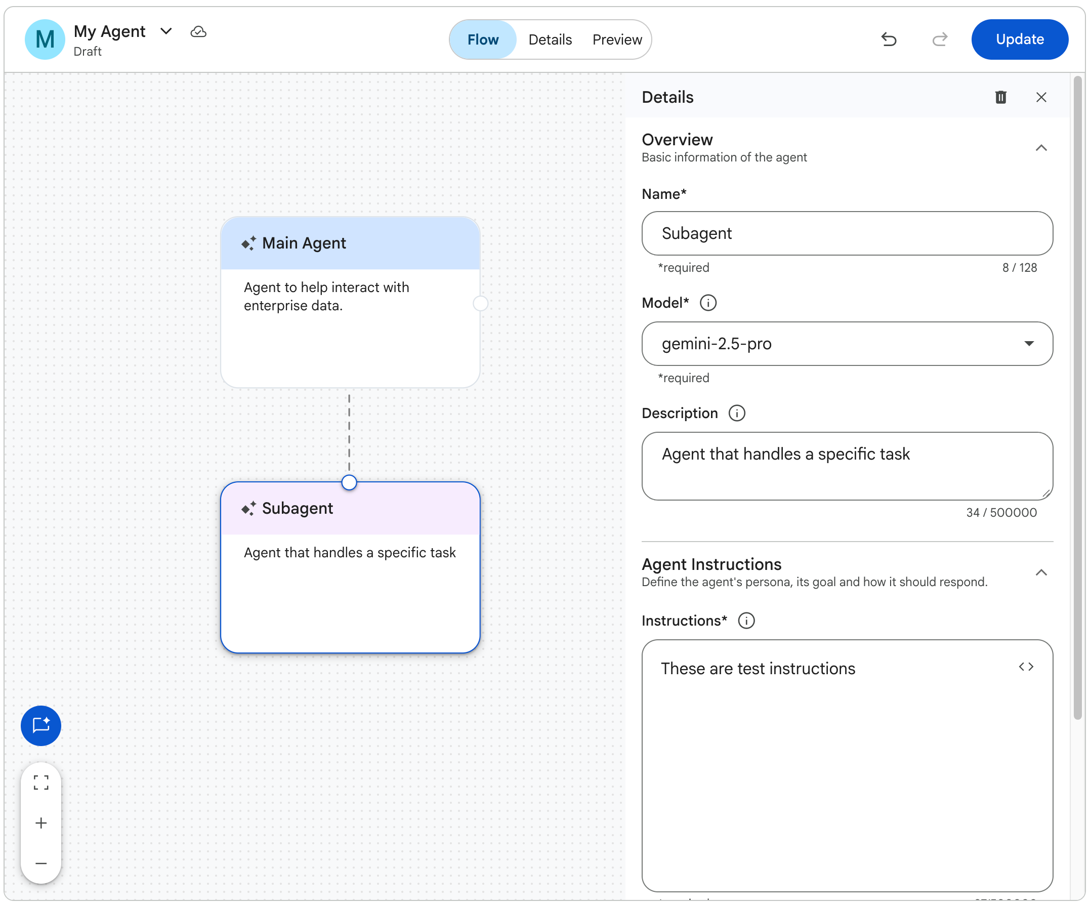 Agent Designer flow builder view for updating agents