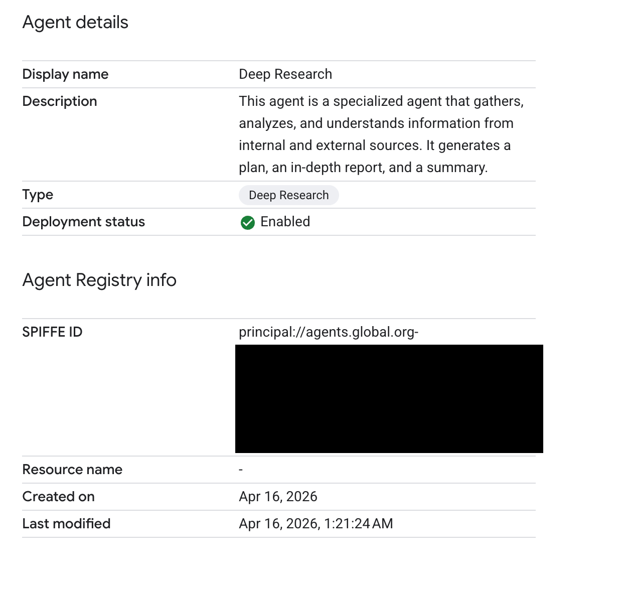 Die Seite mit den Agent-Details in der Gemini Enterprise-Konsole, auf der die SPIFFE-ID des Agents angezeigt wird.