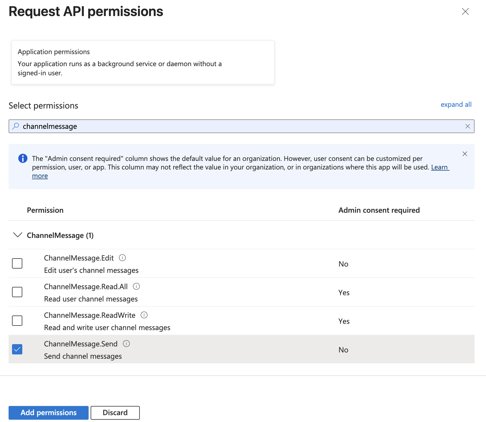 Screenshot of the Request API permissions page in Microsoft Entra admin center, showing the selected permissions.