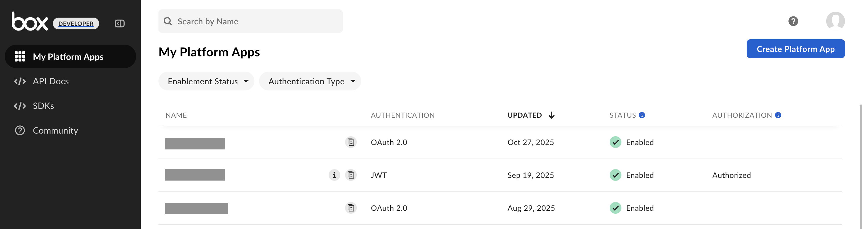 My Platform Apps page