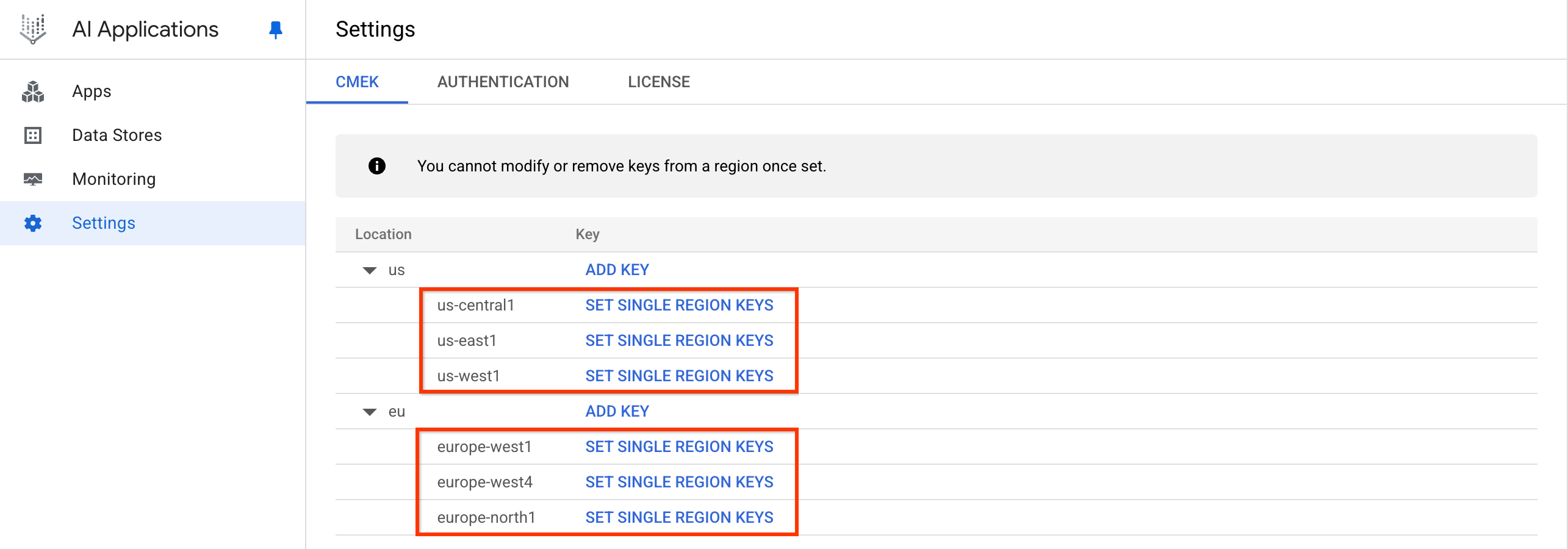 click Set single region keys and the specific keys for a location.