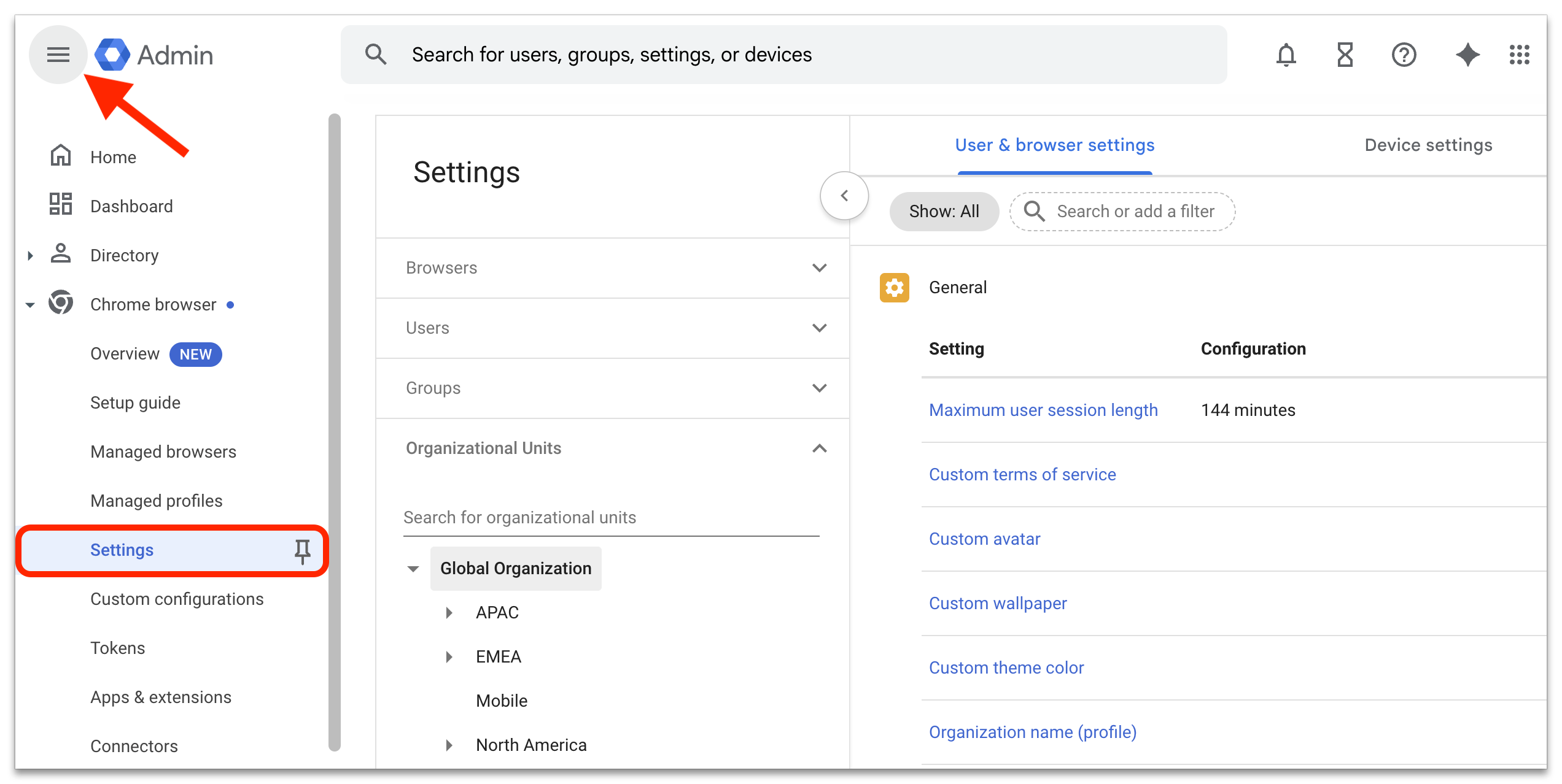 User and browser settings view User and browser settings view