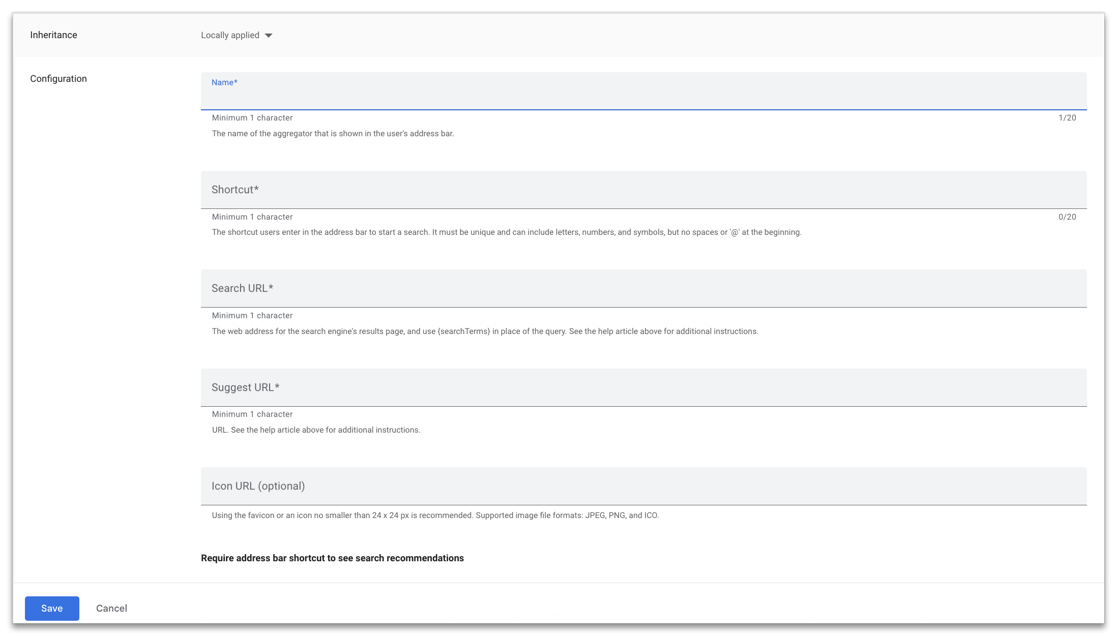 Add a name, shortcut, search URL, and suggest URL