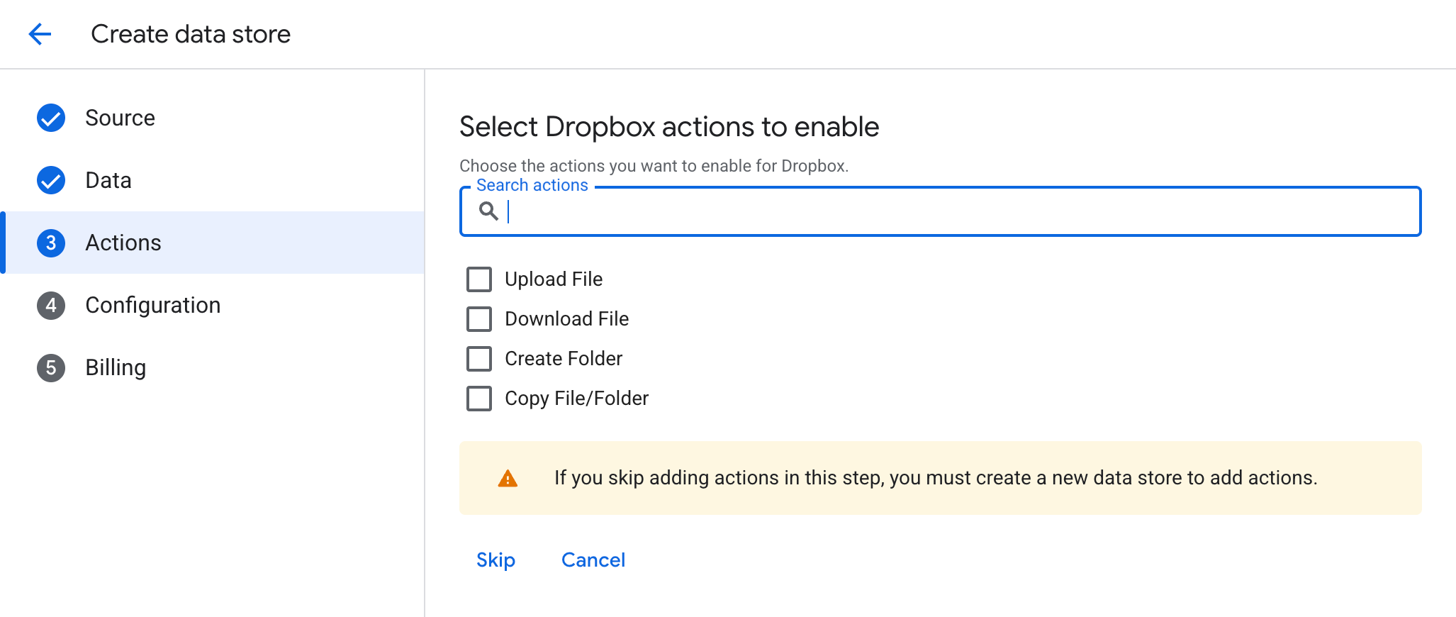 Select actions to enable for the connector