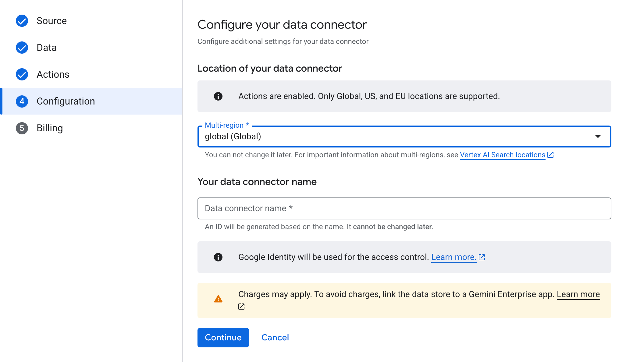 Seleziona una località e inserisci un nome per il datastore
