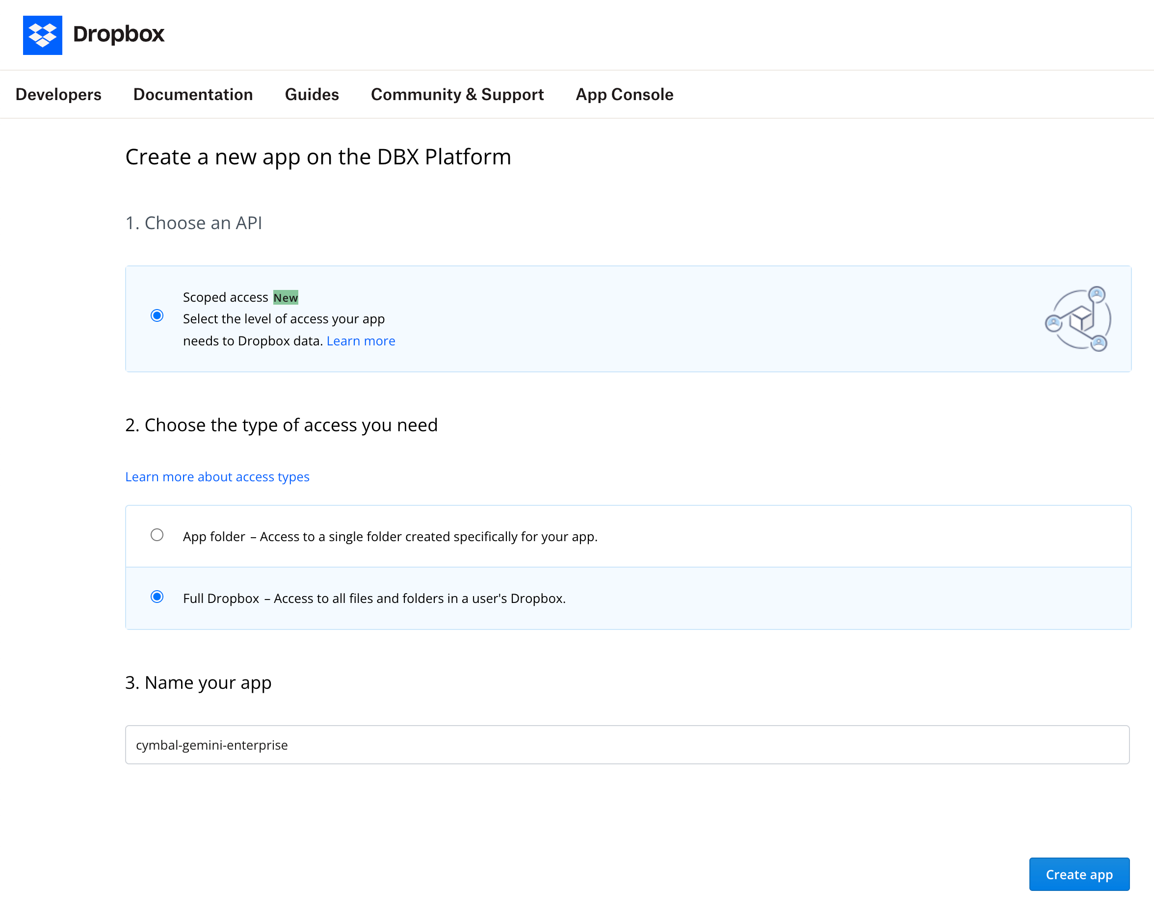 Enter the details of your Dropbox app