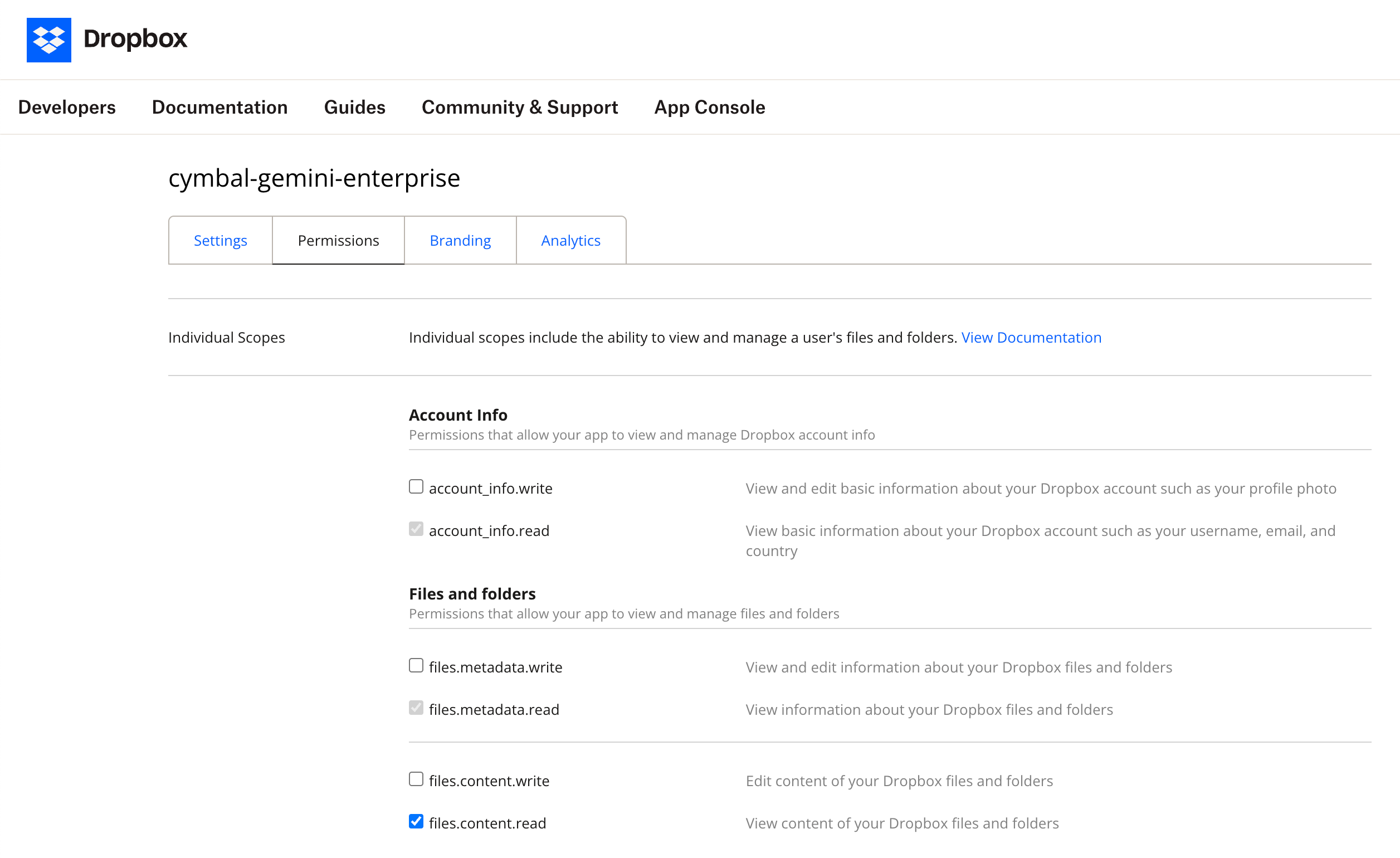 Seleccionar los permisos de tu aplicación de Dropbox