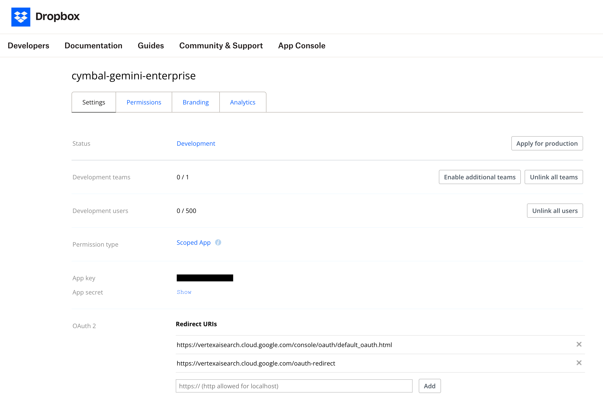 Configure settings for your Dropbox app
