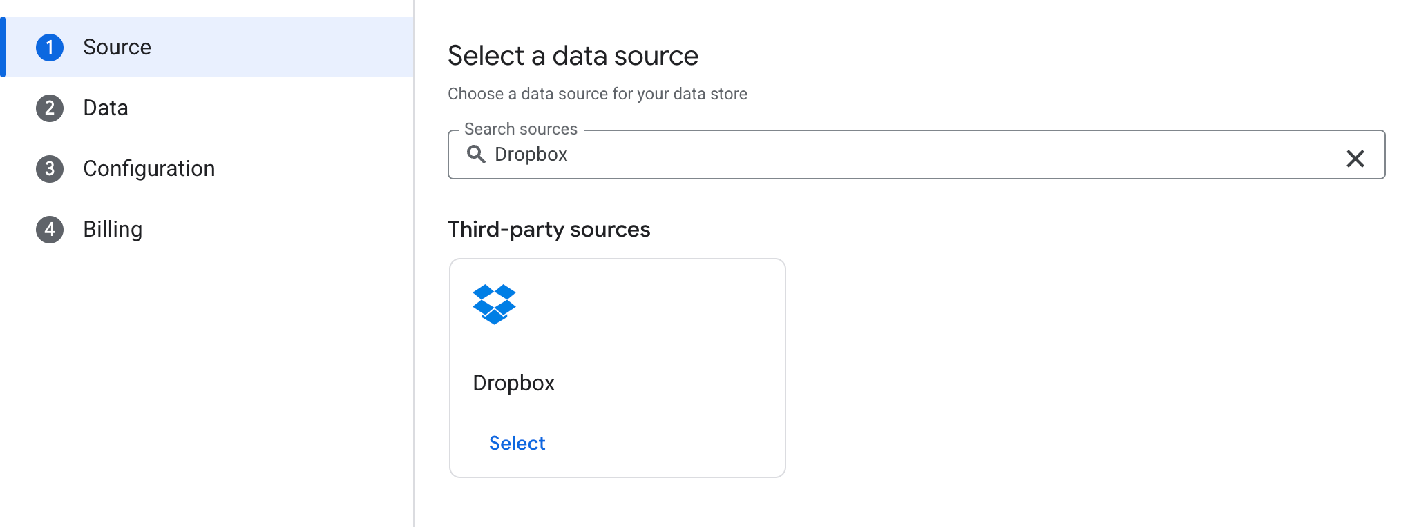 Selecione a origem de dados do Dropbox