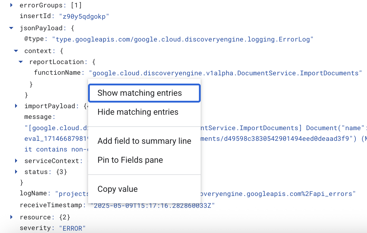 סינון באמצעות לחיצה על מטא-נתונים בפורמט JSON