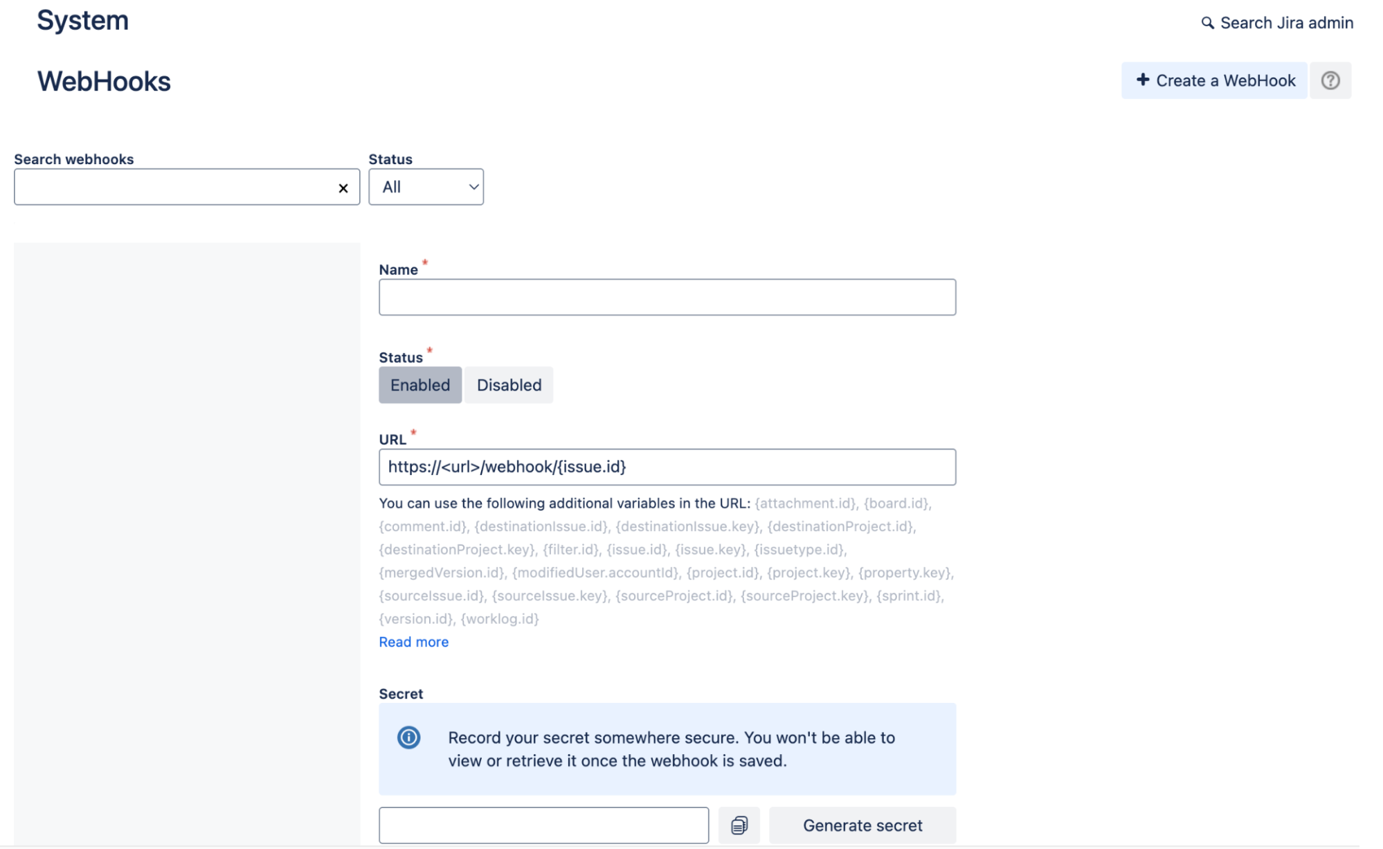 Configura el webhook del administrador de Jira