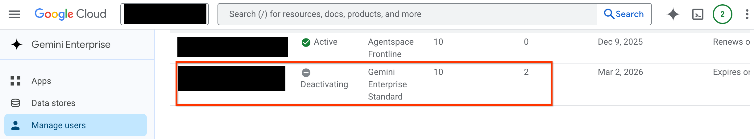 Beispiel für das Deaktivieren einer Lizenz in der Google Cloud Console
