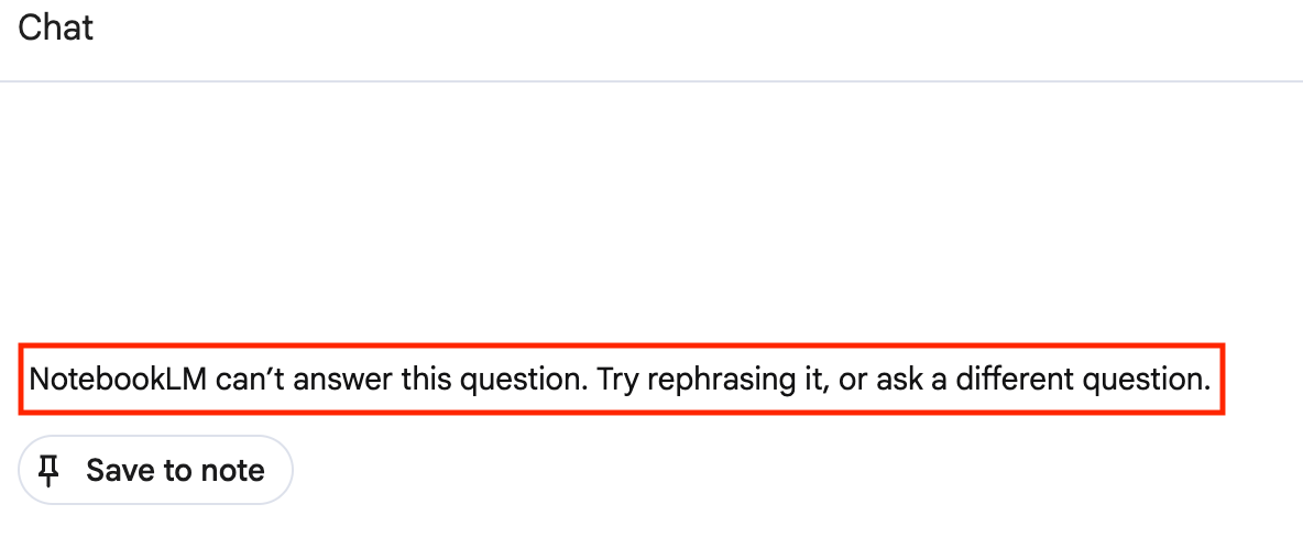 Shows the message a user gets when it violates the model-armor template that is enabled for NotebookLM Enterprise.