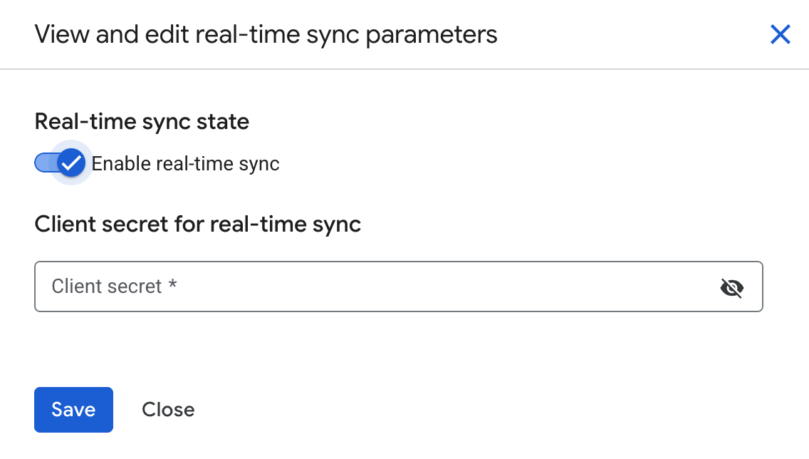 Activer la synchronisation en temps réel et fournir un code secret du client