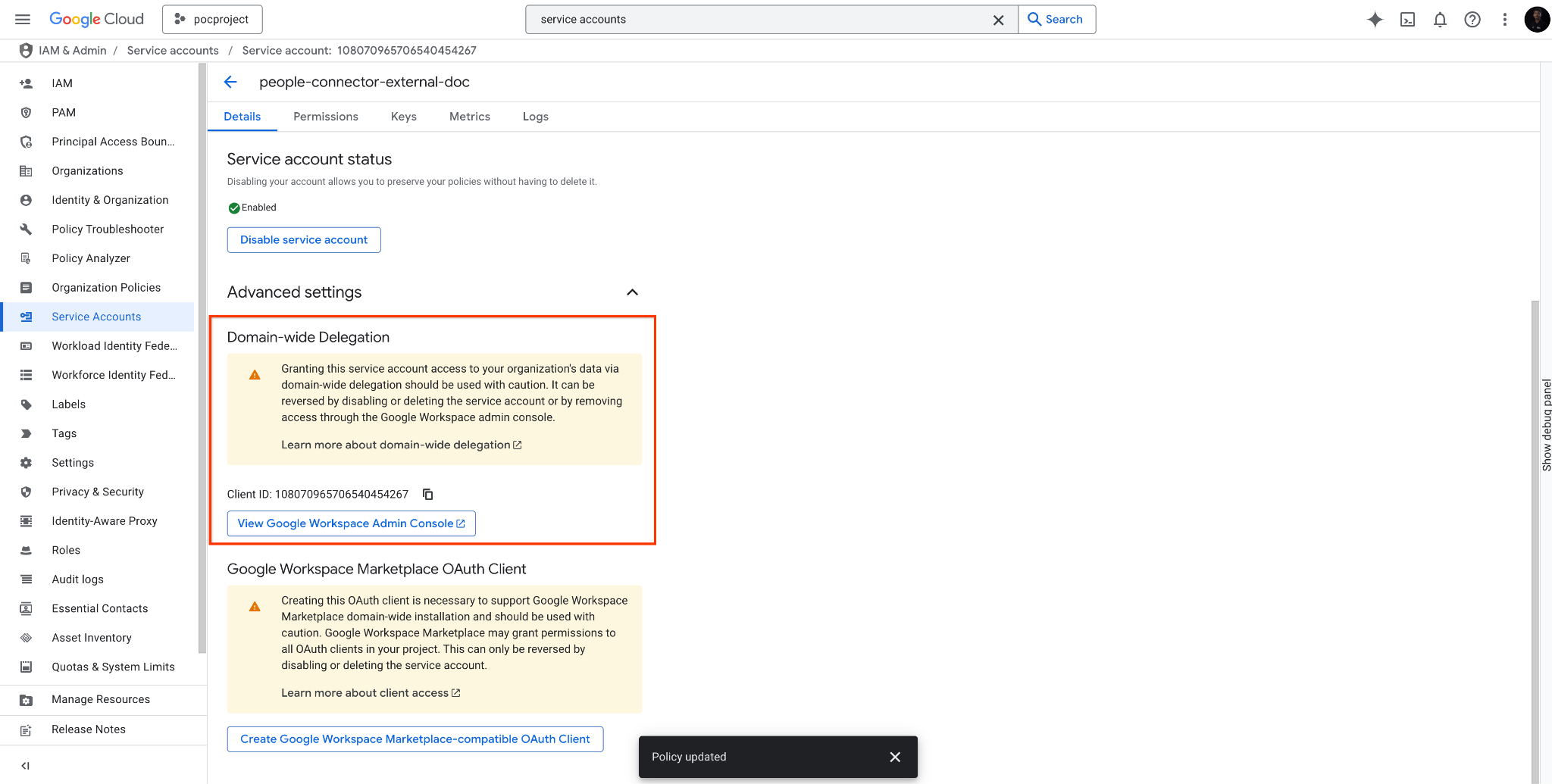 Zeigt die Client-ID im Bereich „Erweiterte Einstellungen“ unter „Domainweite Delegierung“ an. 