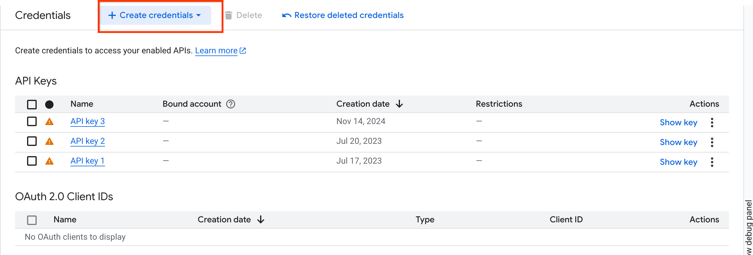 Click create credentials button.