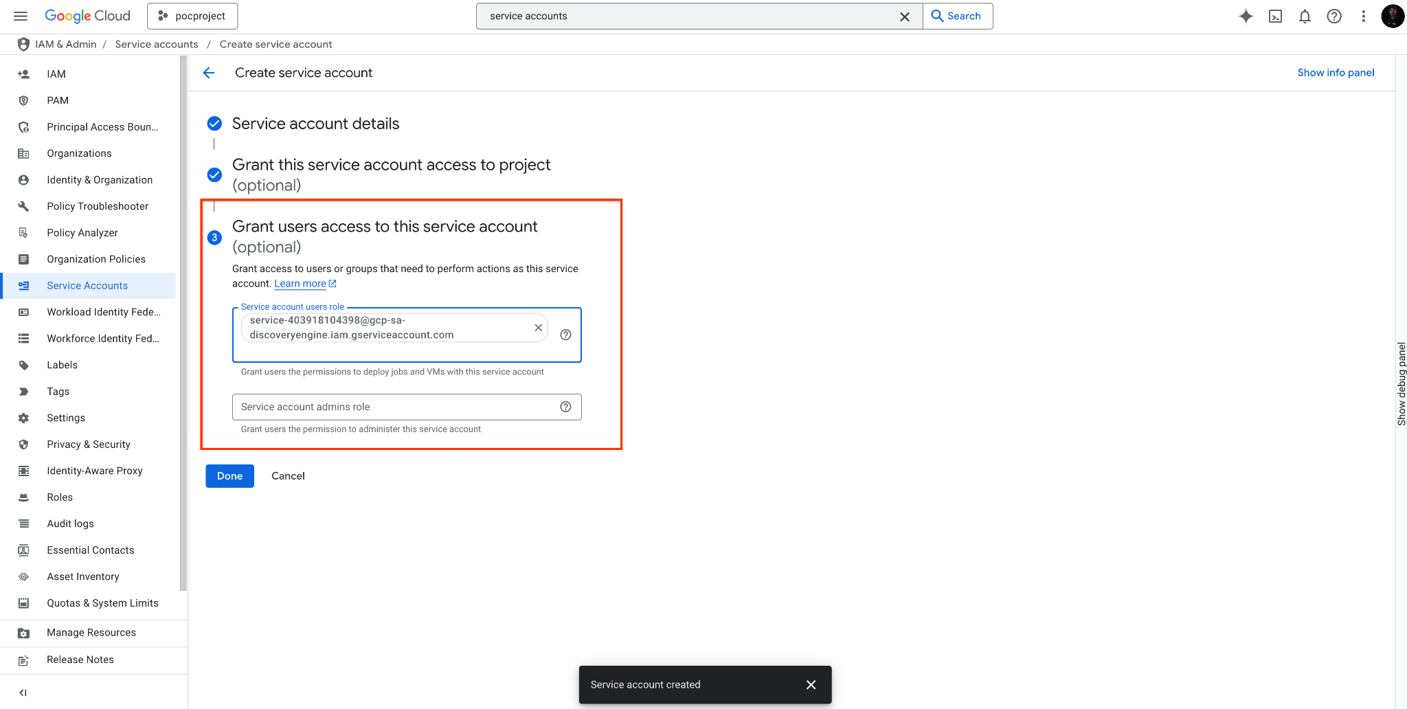 Mostra como configurar a secção Conceda aos utilizadores acesso a esta conta de serviço.
