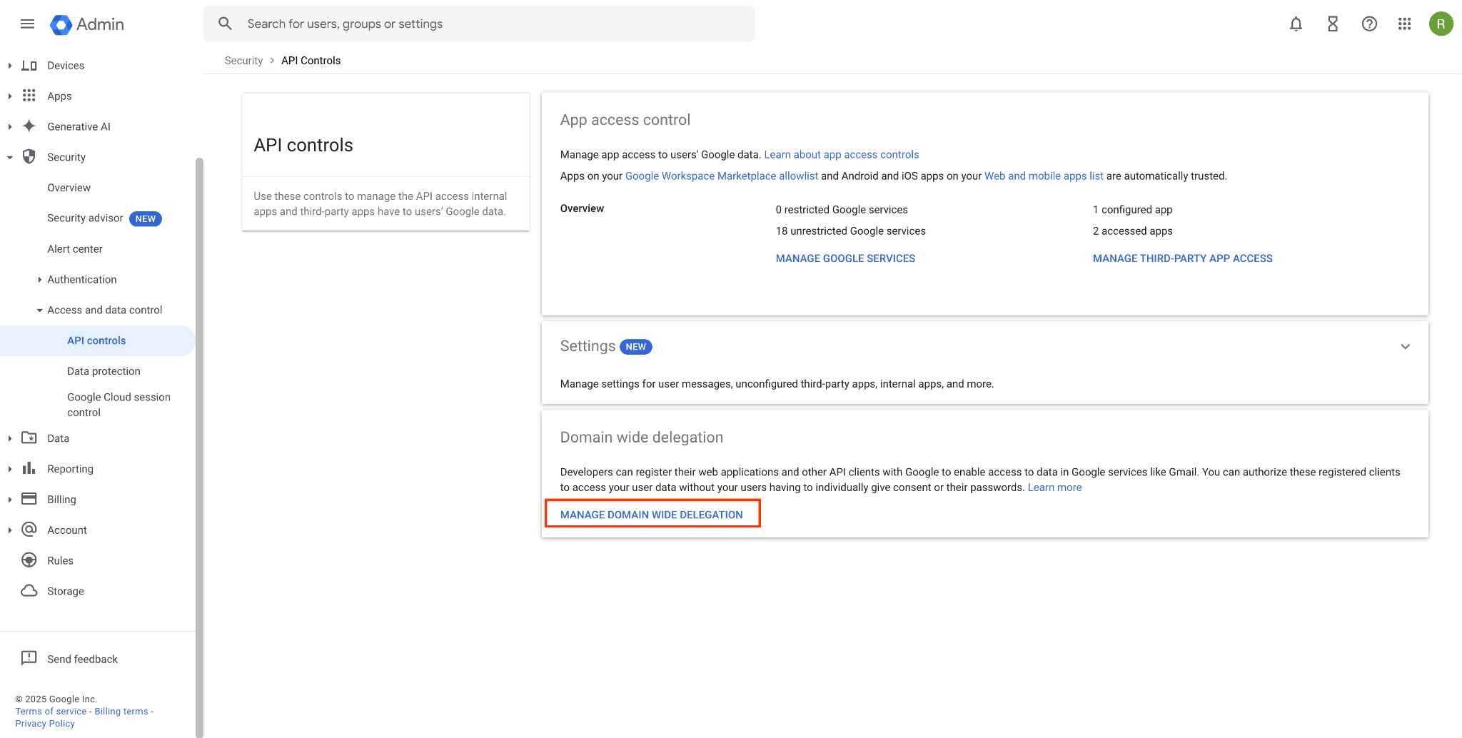 Shows Manage domain wide delegation. 