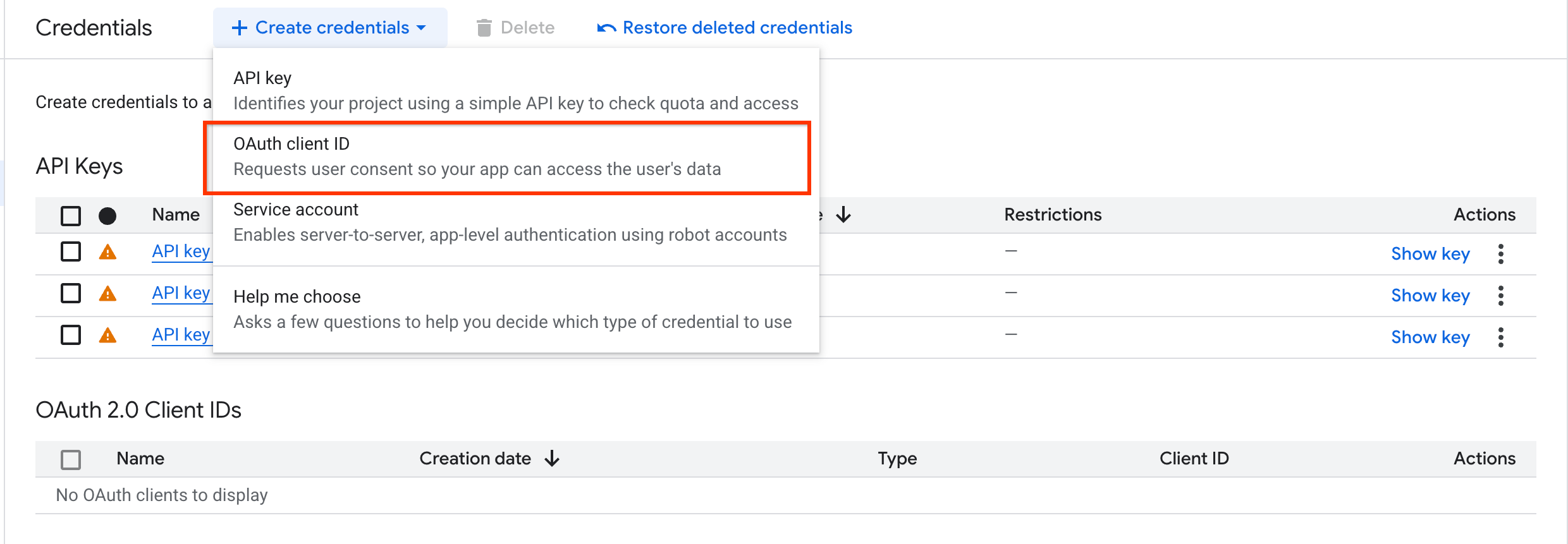 Wählen Sie die OAuth-Client-ID aus.