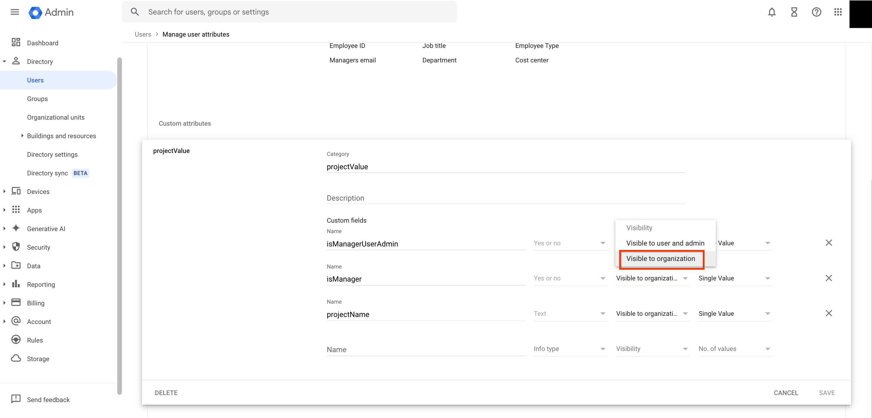 Set the visibility of the custom attribute to Visible to org
anization.