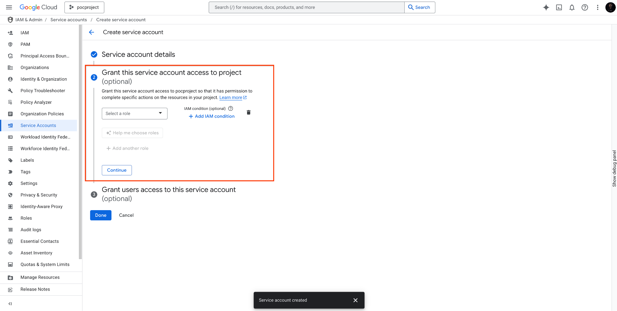 מוצג הקטע Grant this service account access to project (optional) (הענקת גישה לחשבון השירות הזה לפרויקט (אופציונלי)), שצריך לדלג עליו.