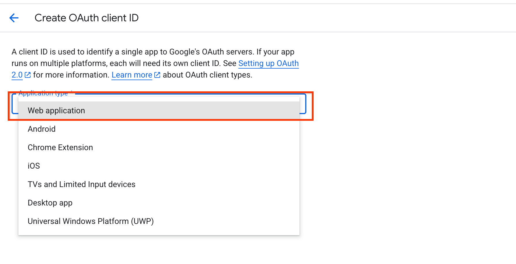 Select the web application option.