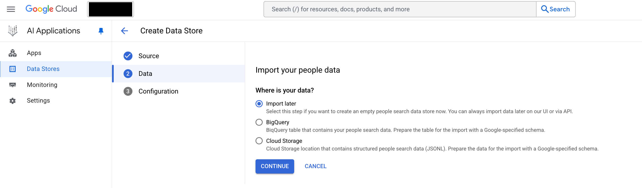 Opsi untuk mengimpor data orang, termasuk mengimpor nanti, dari BigQuery, atau dari Cloud Storage.