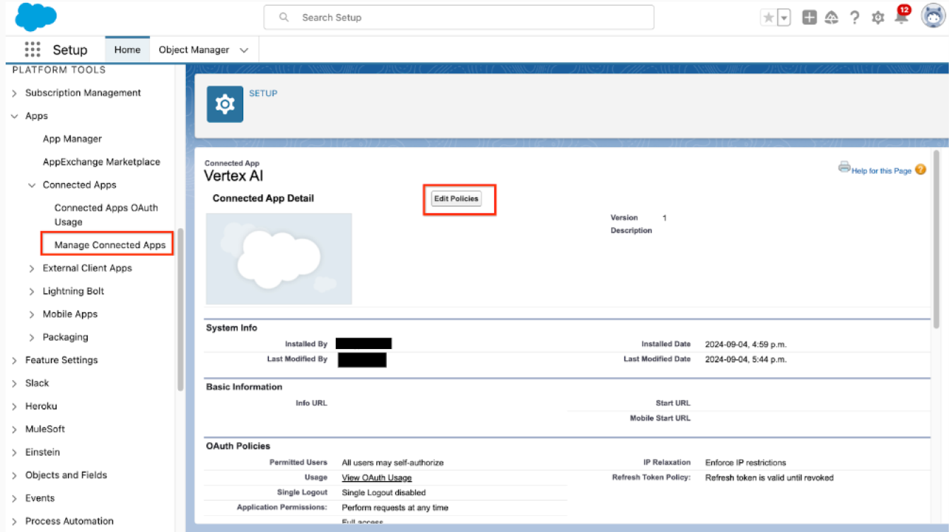 gestire l&#39;app connessa e modificare i criteri