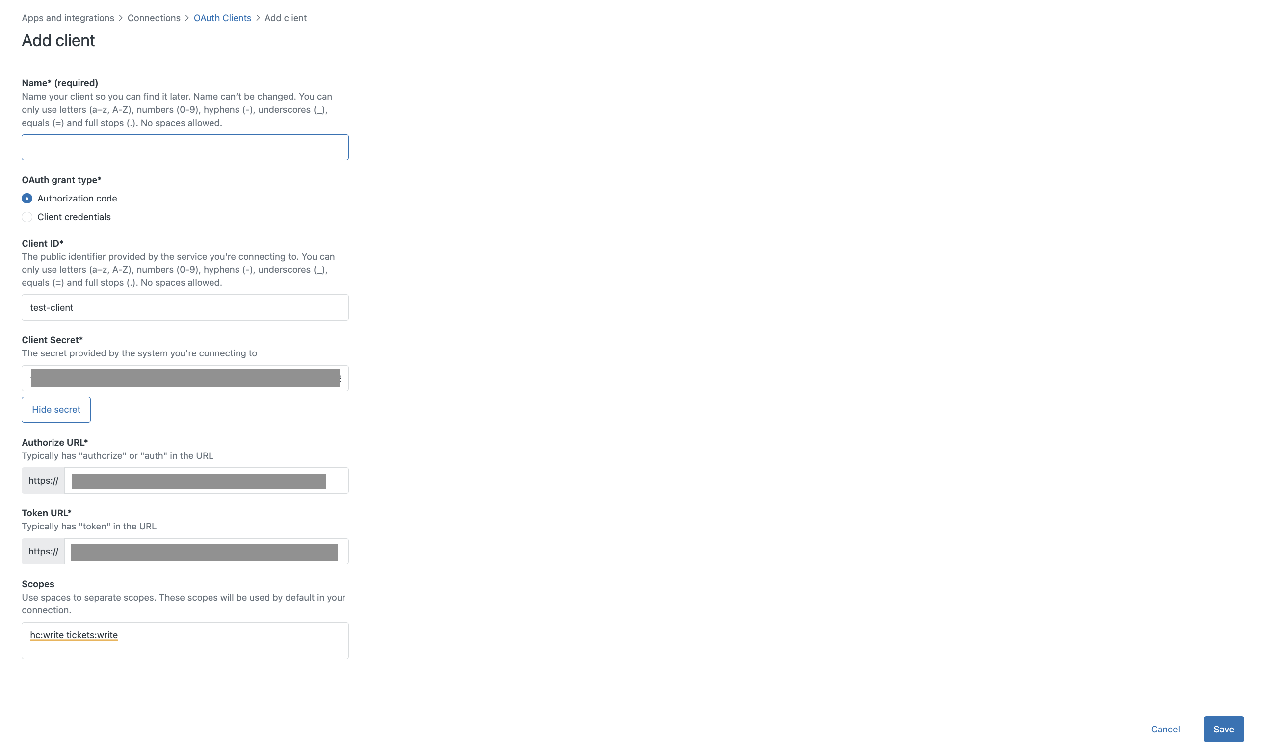 用于在 Zendesk 管理中心内输入 API 作用域的字段。