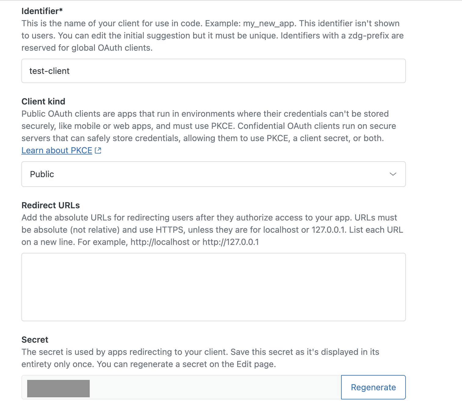 Generated client secret displayed in the interface.