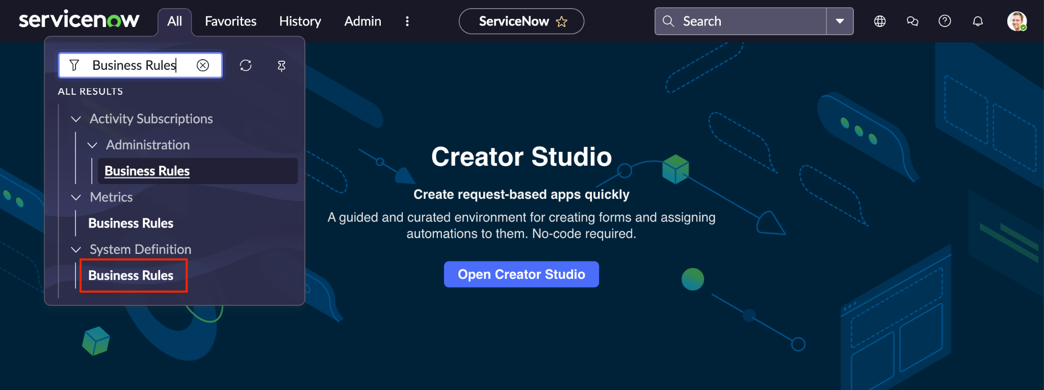 ServiceNow 비즈니스 규칙 보기
