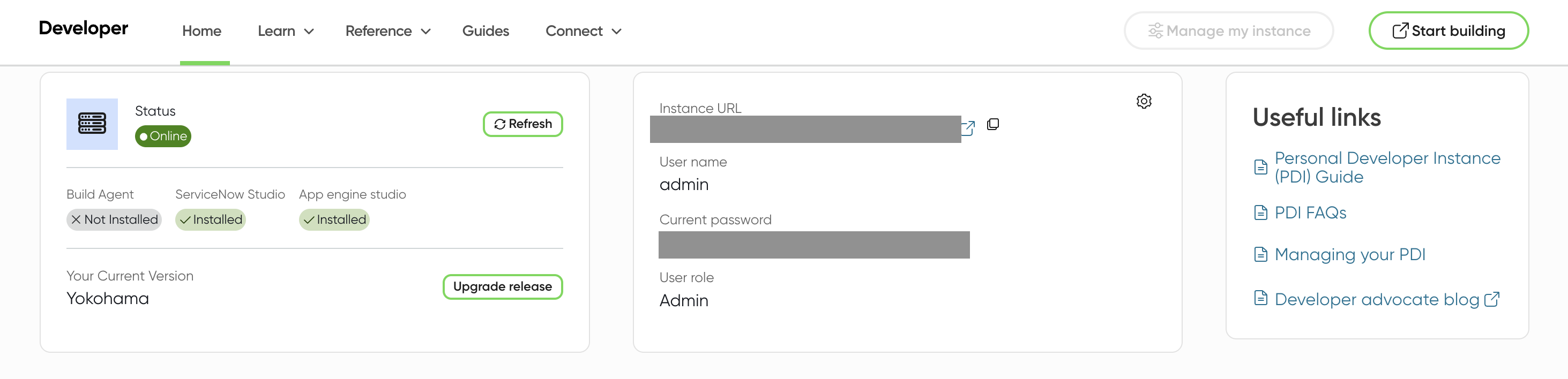 Interfaz de instancia de desarrollador de ServiceNow