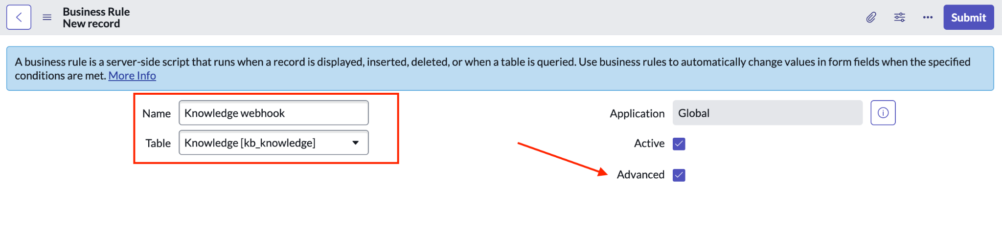 Fill out fields for the knowledge entity webhook
