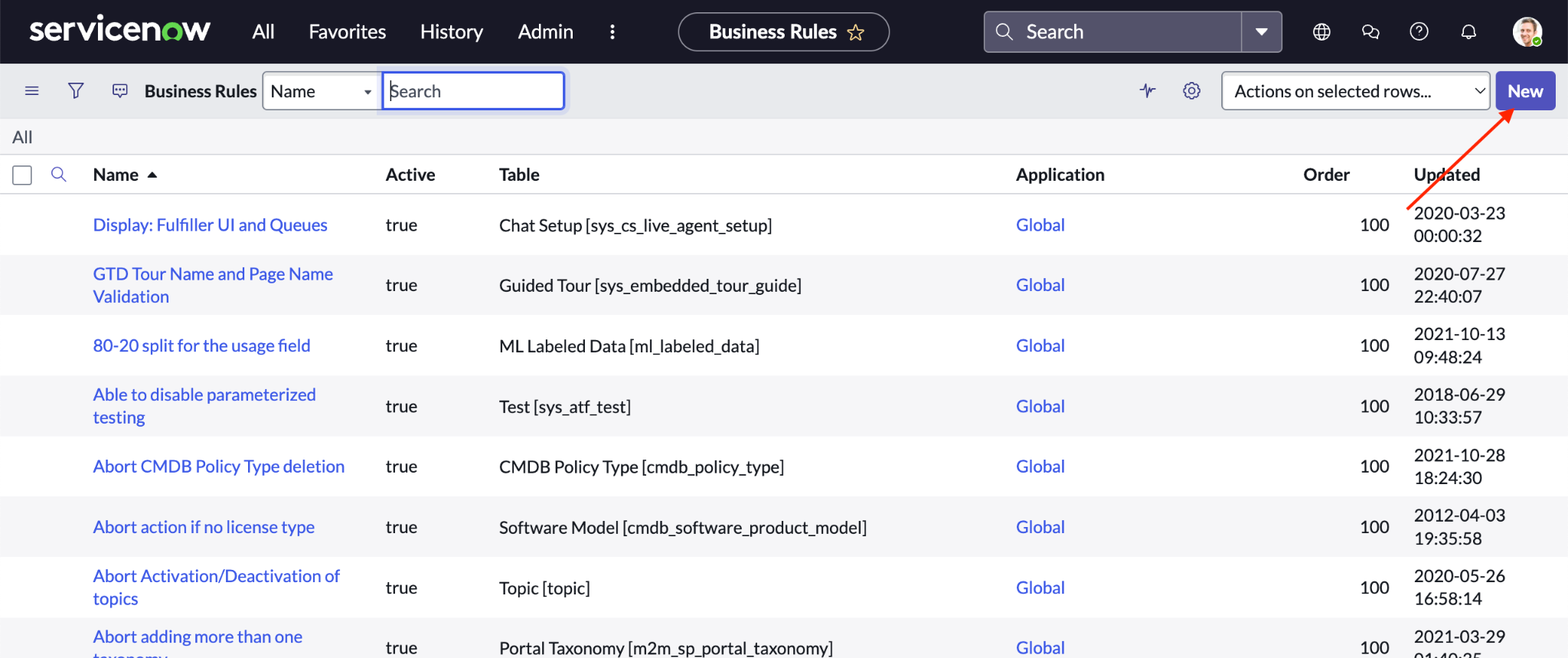建立新的 ServiceNow 業務規則