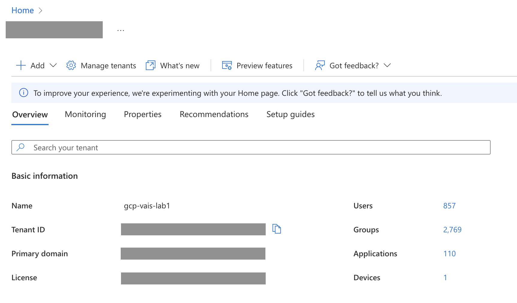 Microsoft Entra 管理中心内概览页面上的租户 ID 的屏幕截图。