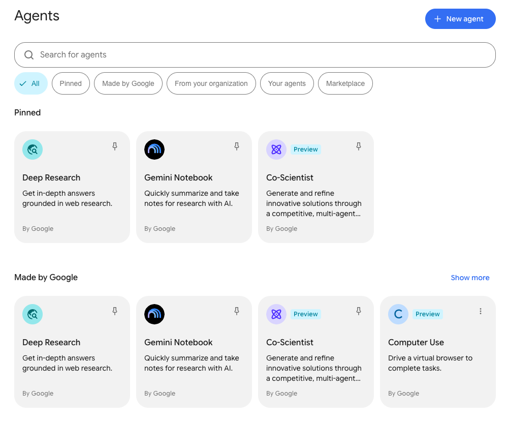 Gemini Enterprise Agents gallery showing the search bar, category filter chips, and pinned agents section.
