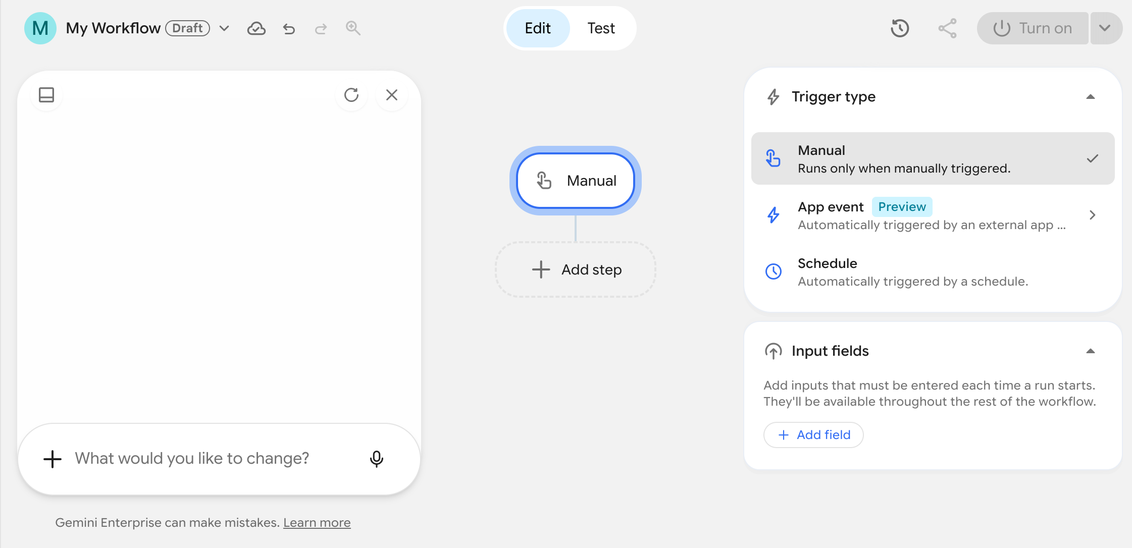 Visual editor showing the canvas with a default schedule trigger.