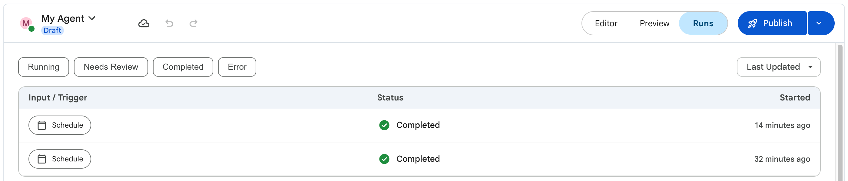 The workflow runs tab.