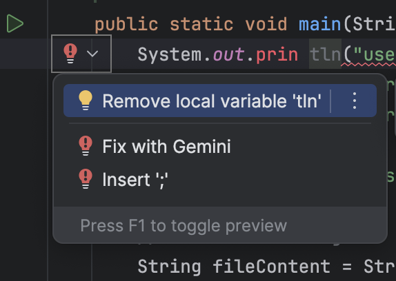 Opsi transformasi kode untuk memperbaiki dengan Gemini di IDE.