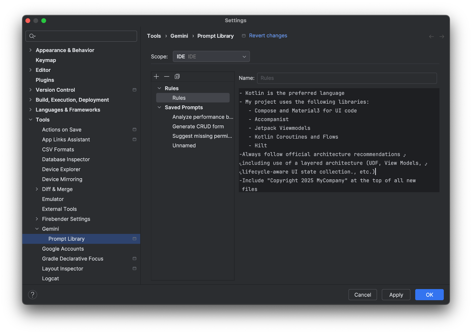 在 IntelliJ 中创建 Gemini 规则