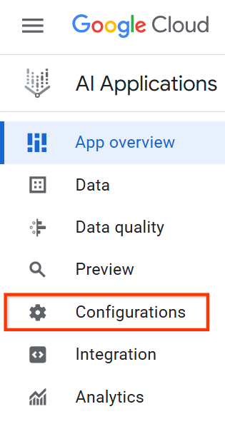 Menu di navigazione nella console con la voce Configurazioni selezionata