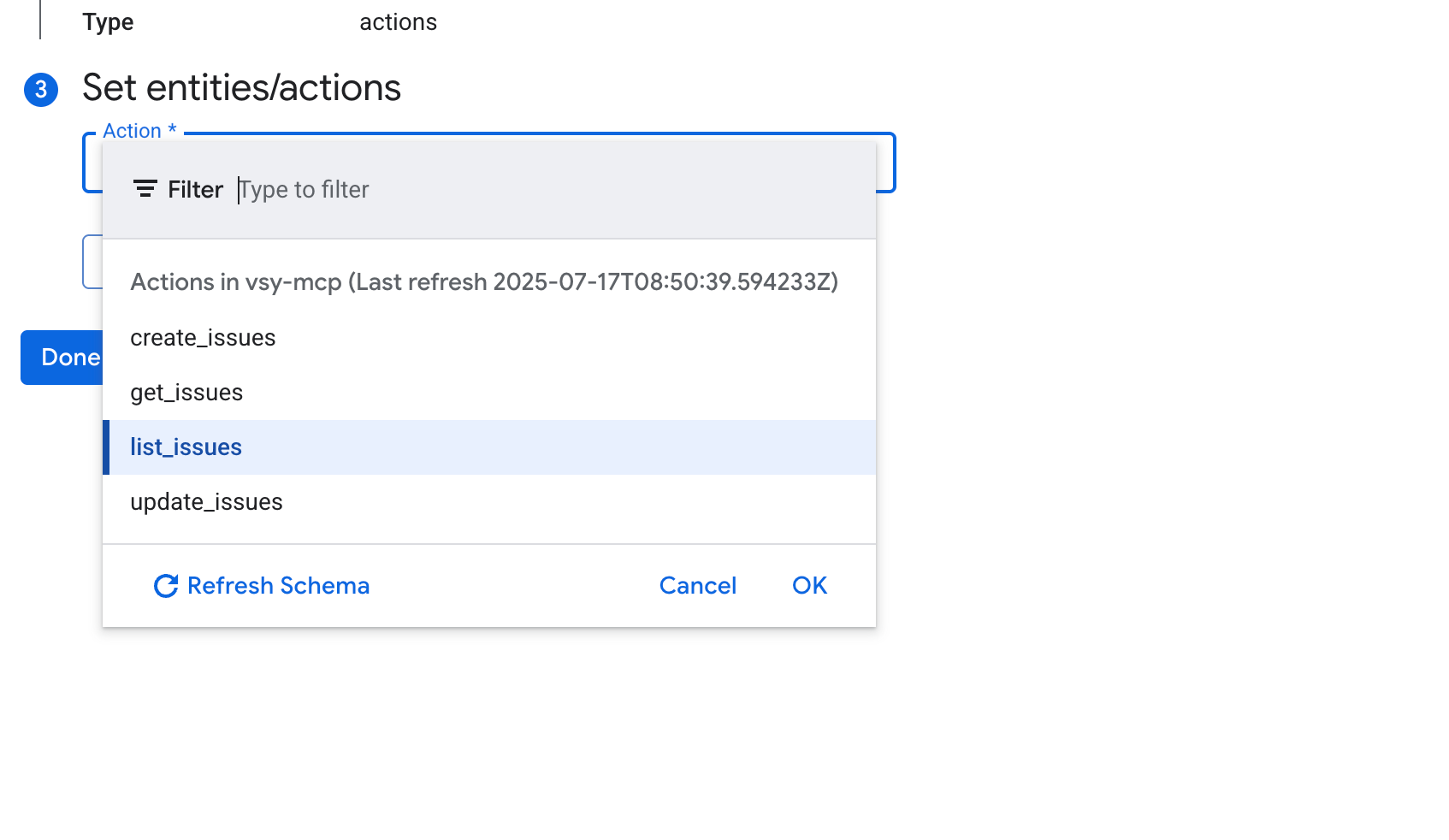 Screenshot showing available actions in the MCP connector configuration.