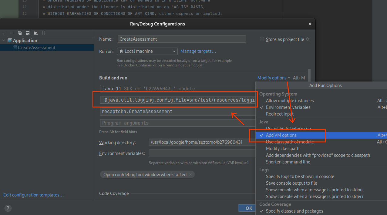 Configuração de execução/depuração do IntelliJ mostrando onde especificar argumentos de VM
