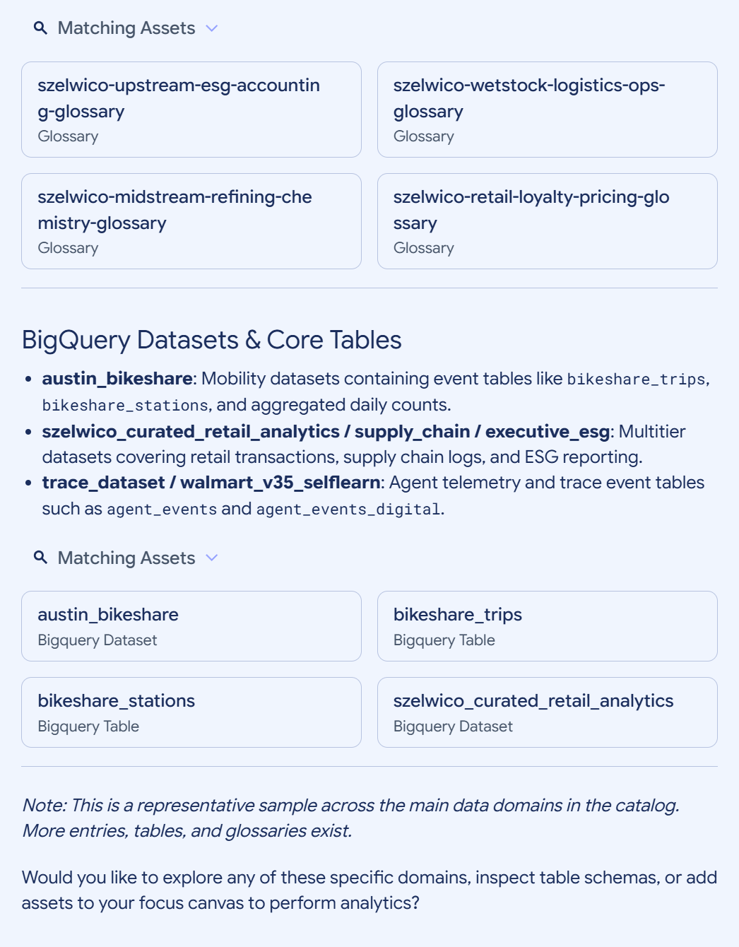 A chat response showing Matching Assets panels and dataset summaries