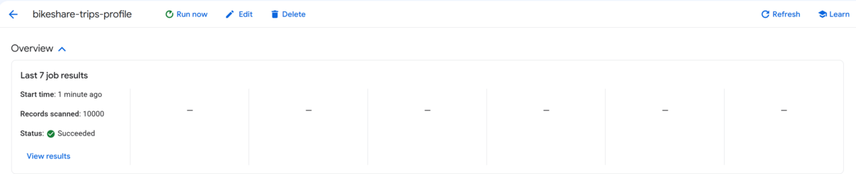 Bagian ringkasan pemindaian profil perjalanan bikeshare yang menampilkan status tugas sebagai berhasil dan link Lihat hasil.